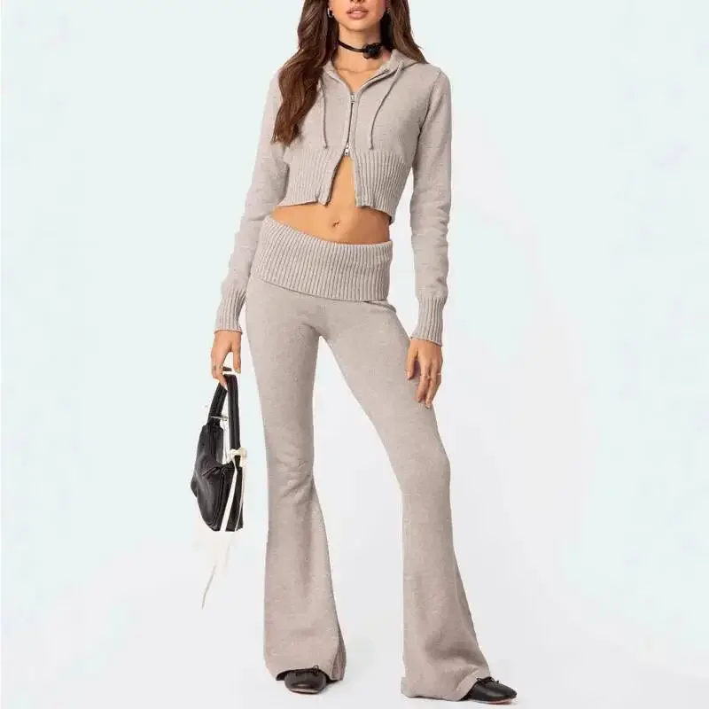 

Long Sleeve Zipper-Up Slim Fit Hooded Crop Top Elastic Long Pants Set Tracksuits Fashion Women Ribbed Knit 2 Piece Outfits