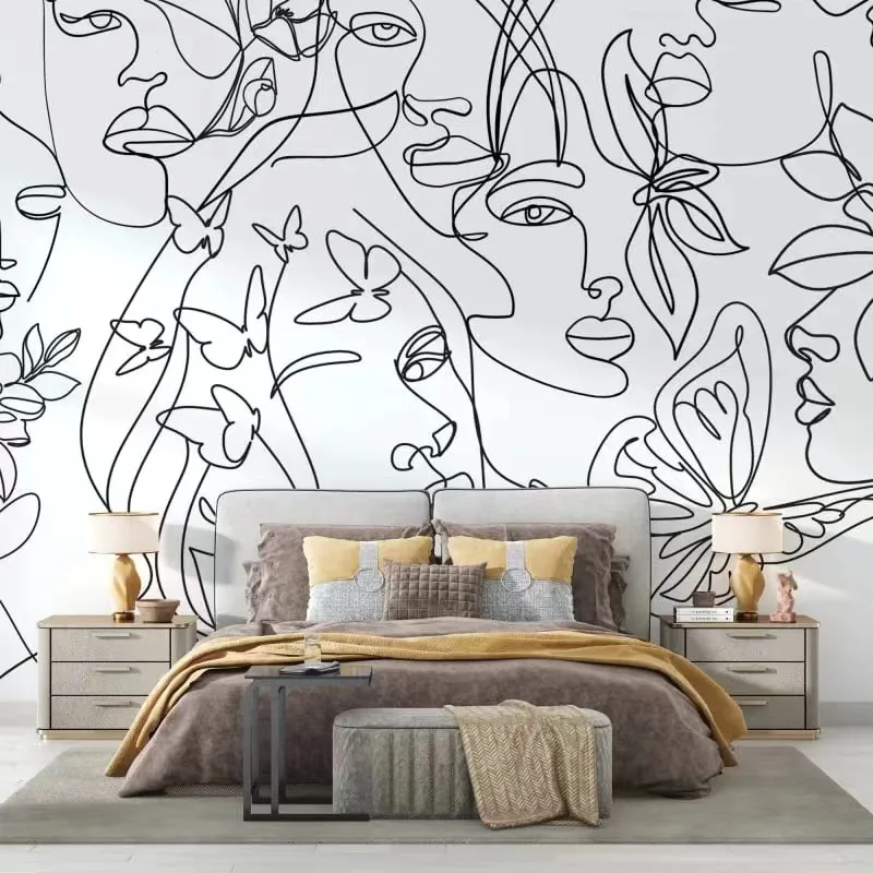 Custom size wallpaper black and white lines figure face painting mural home decoration abstract painting living  3d wallpaper