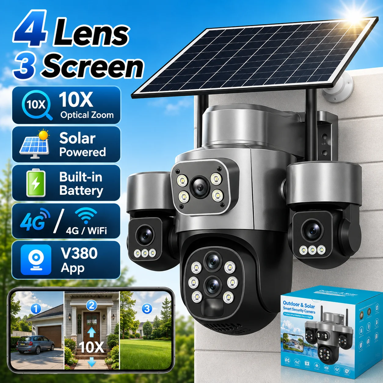 Solar Security Camera 4 Lens 4G WiFi Outdoor Camera V380 App PTZ CCTV Camera AI Human Detection Full Color Night Vision 10X Zoom