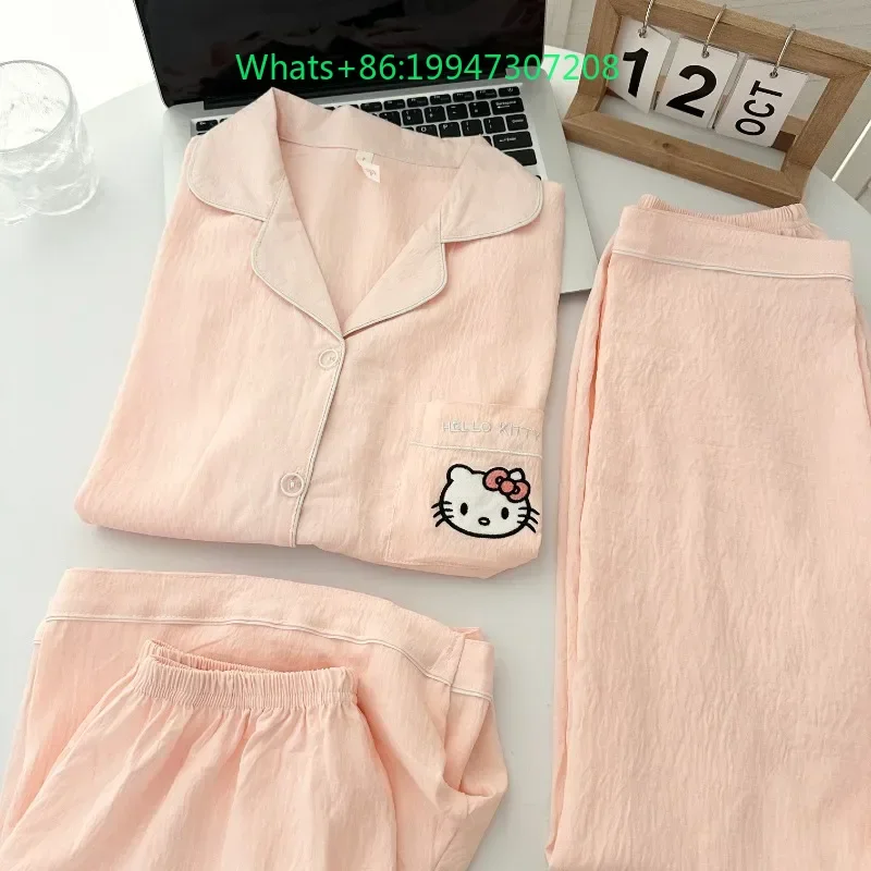 

Summer new pink cloud cotton three-piece set Hello Kitty pajamas short sleeves short trousers high-end loungewear set