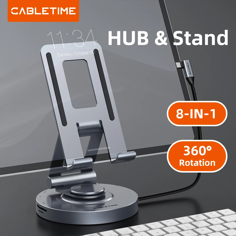 

CABLETIME USB C Hub 8 IN 1 DOCK Вращающаяся на 360 градусов подставка HDMI 4K 60 Гц PD 100 Вт USB 5 Гбит/с SD TF Aux 3,5 мм для iPhone iPad Pro Tablet