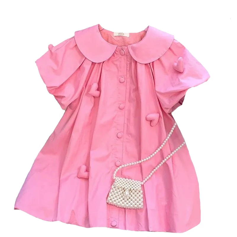 Heart Jewelry Decoration Flip Collar Single Row Buckle Design Dress For Girls 3-10 Years Summer Cute Girls Dress