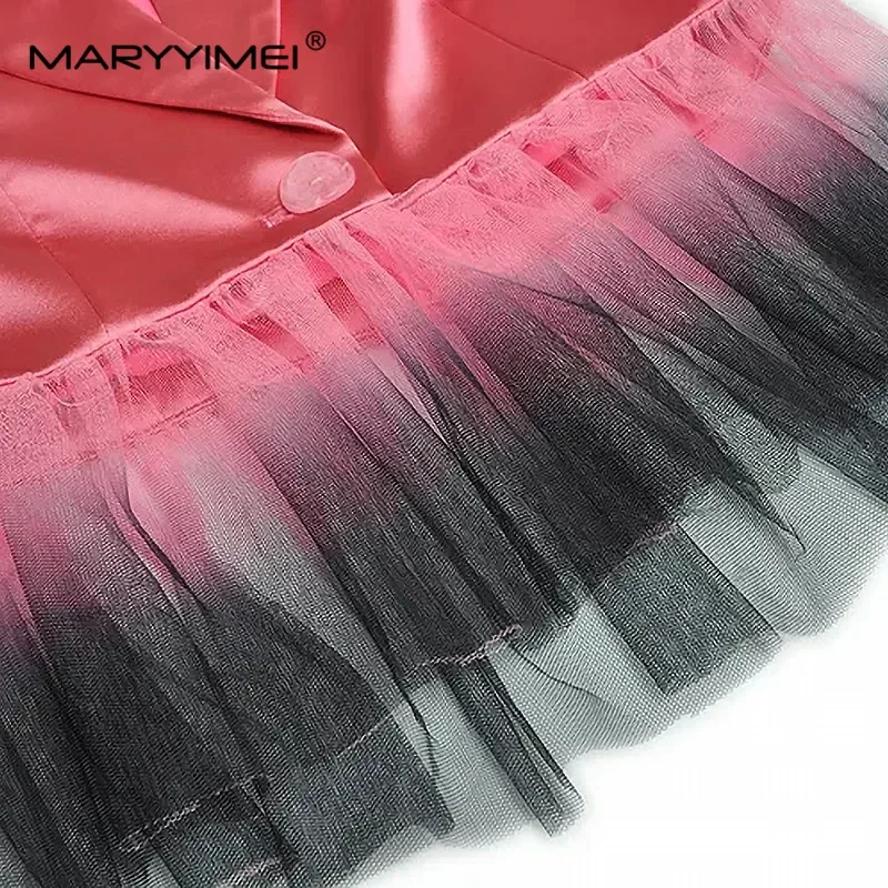 MARYYIMEI ファッション滑走路春スカートスーツ女性シングルボタンピンクショートブレザー + メッシュケーキスカート 2 個セット