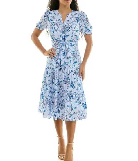 

Women's Dress Summer New Elegant and Fashionable Temperament Flower Print V-Neck Lace Up Waist Puff Sleeve A-Line Dress