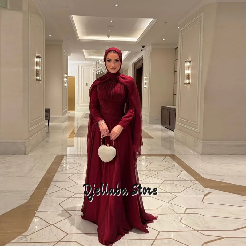 

Роскошные бордовые длинные вечерние платья трапециевидной формы с длинными рукавами, мусульманские платья для выпускного вечера, вечерние платья для выпускного вечера в Дубае по индивидуальному заказу