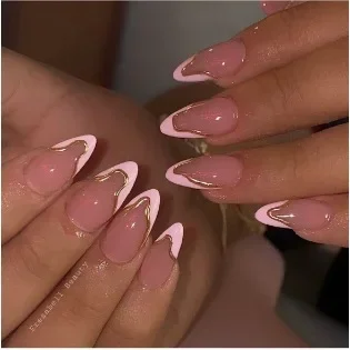 24 pçs unhas falsas francesas com design de amêndoa destacável irregular linha de ouro unhas falsas glitter diamante acrílico imprensa em unhas dicas