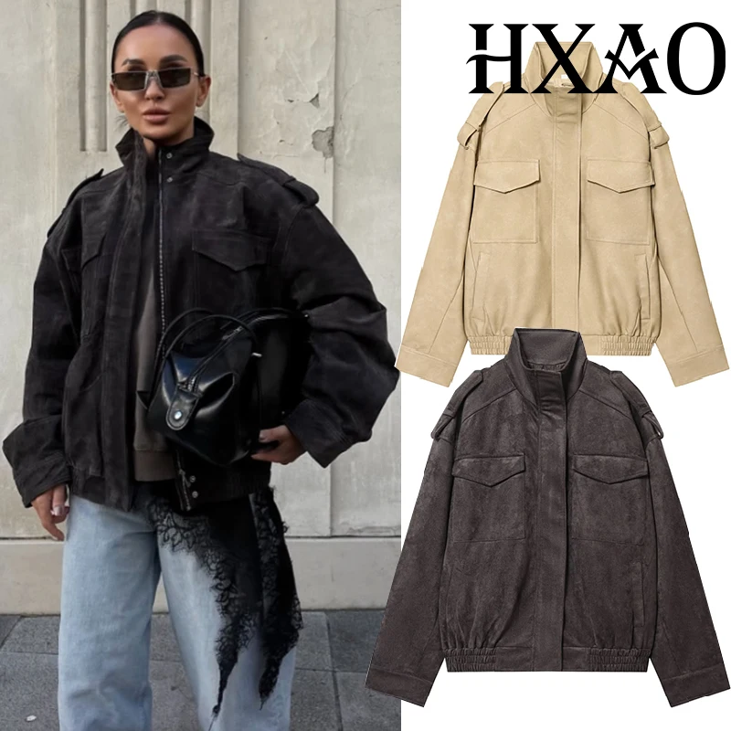 

HXAO Замшевая куртка-бомбер, пальто, женские укороченные демисезонные куртки из искусственной кожи для женщин, мотоциклетная куртка с длинными рукавами