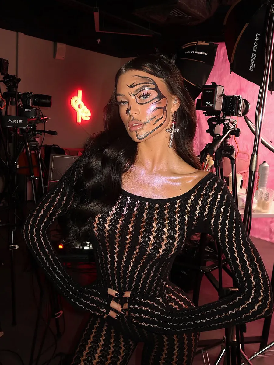 

Sexy Striped Embroidered Me Hollow out Long Sve Suit U Ne Bodycon Street Sle mid Waist Long Pants Polyester