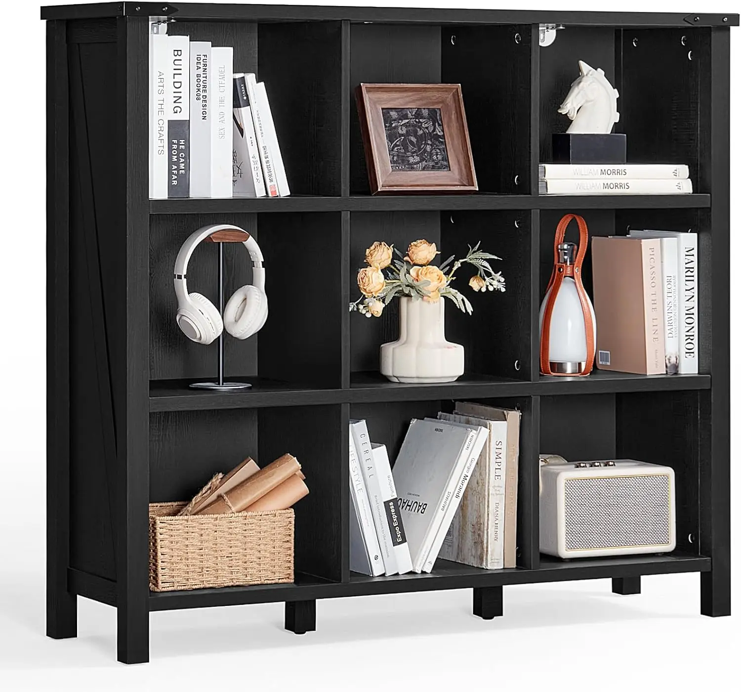 

47" Farmhouse 9-Cube Bookshelf - 3-Tier Wooden Open Display & Cubby Storage Cabinet for Home/Office (Black)