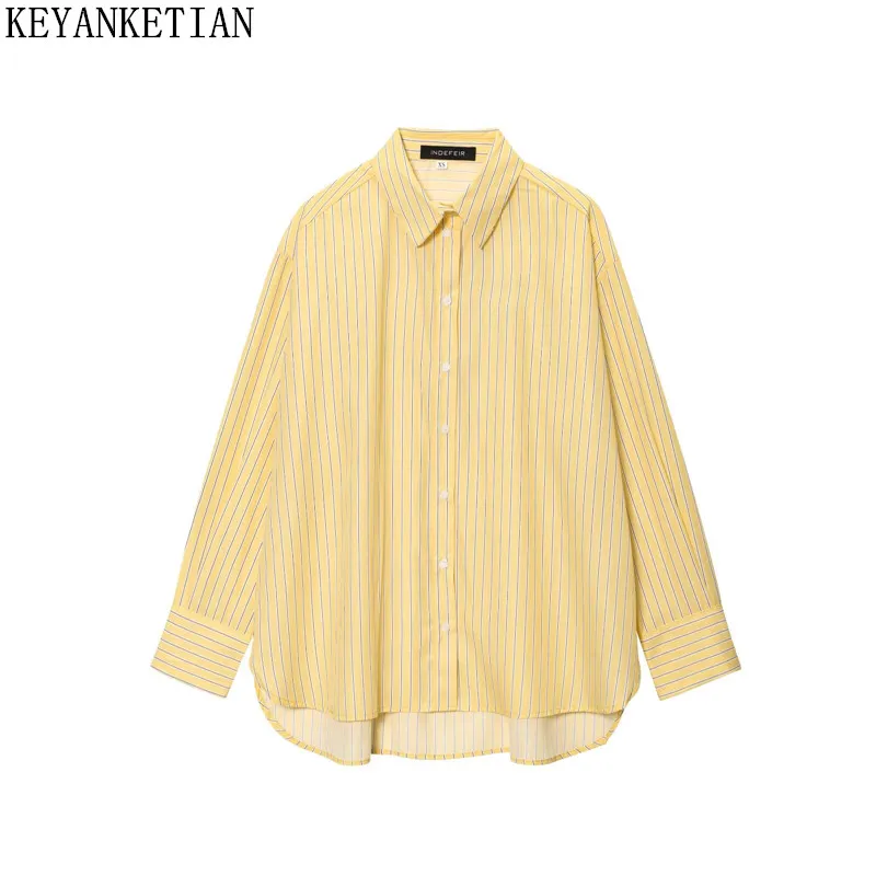 

KEYANKETIAN осенняя новая женская офисная свободная повседневная рубашка с длинными рукавами и лацканами в желтую полоску для женщин