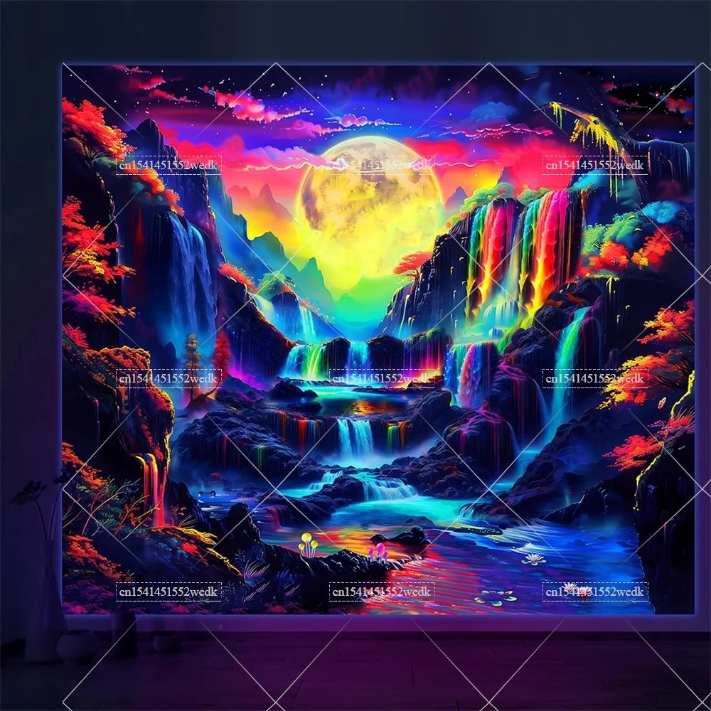 Blacklight Waterfall Moon Tapestry Black Light Neon UV Reactive Tapestry Landscape Wave Wall Hanging Home Decor Aesthetic Poster