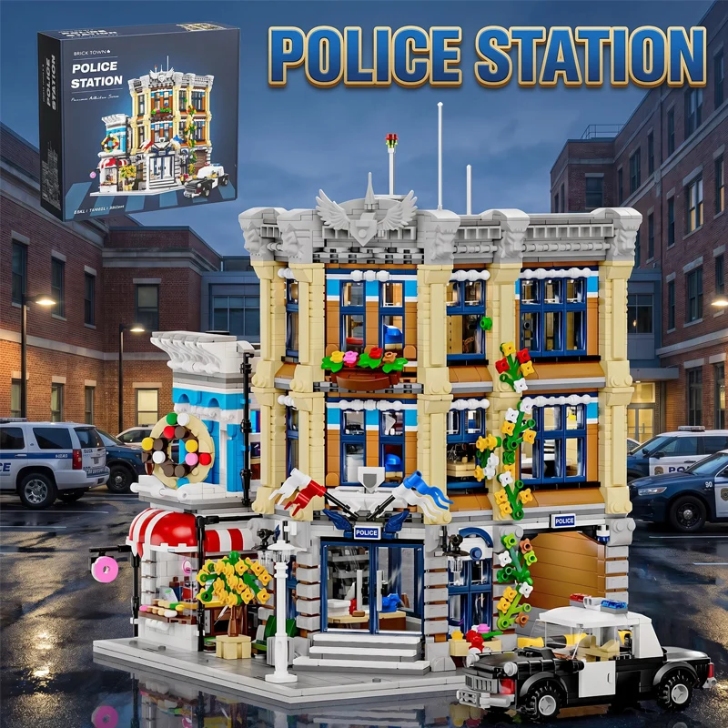 Town Police Station with 6 Figures Modular Buildings Blocks City Center Street View Apartment Store Architecture Brick Model Kit Toy Adults DIY Gift 3111PCS