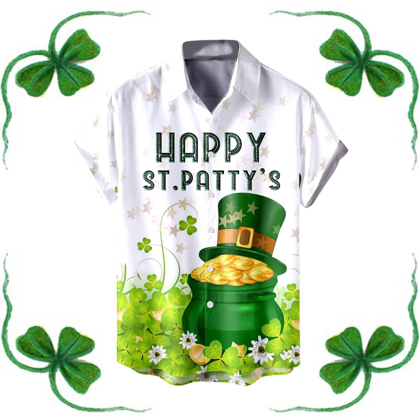 Mens Shirt St Patrick Day Festive Shirt Clover Green Blouse Lapel Short Sleeve Shirt Breathable Retro European American Style