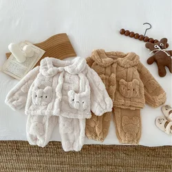 0-3T Newborn Kid Baby Boy Girl Winter Clothes Set Fleece Coat Top Pant Suit Warm Thick Two Piece Set Homewear Pajamas Set Outfit