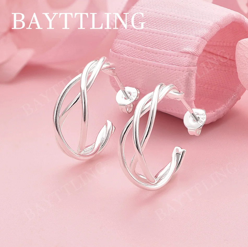 أقراط دائرية فاخرة من الفضة الإسترليني عيار 925 رائعة مضفرة للنساء مجوهرات إكسسوارات حفلات الزفاف #1