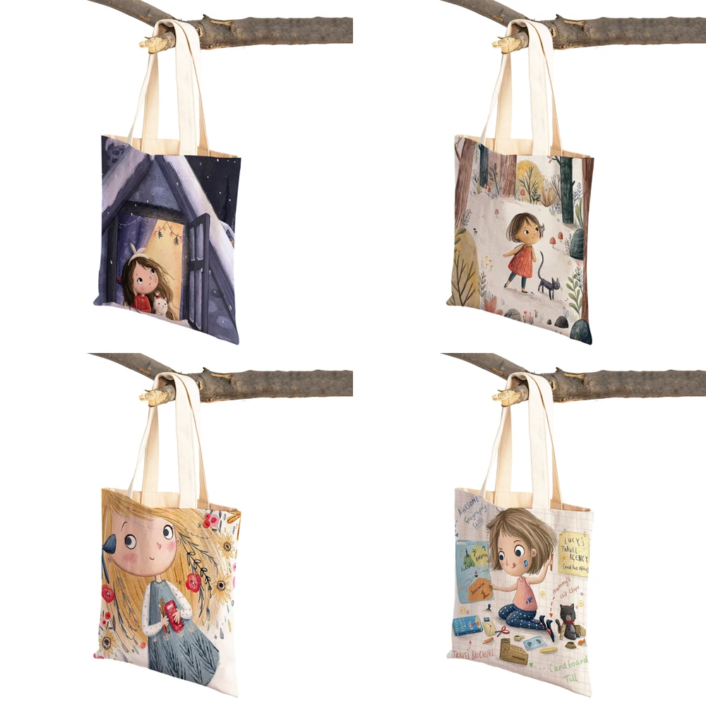 Cute Cartoon Girl Double Printed Reusable Canvas Student Tote Handbag Fairy Tale World Lovely Child Gift Casual Shopping Bag