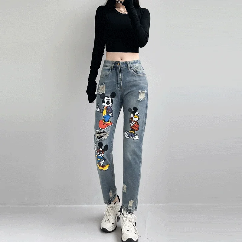 Potdemiel-Jean Déchiré à Motif de Dessin Animé pour Femme, Petit Pantalon en Denim, Taille Haute, à la Mode, Style Sarouel, FJStraight, Tendance