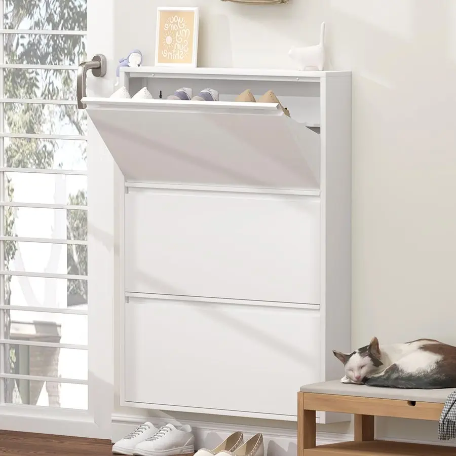 

Shoe Cabinet with 3 Flip Drawers, Metal Entrance Shoe Cabinet Storage for Entryway, Modern Hidden Narrow Shoe Rack Customizable