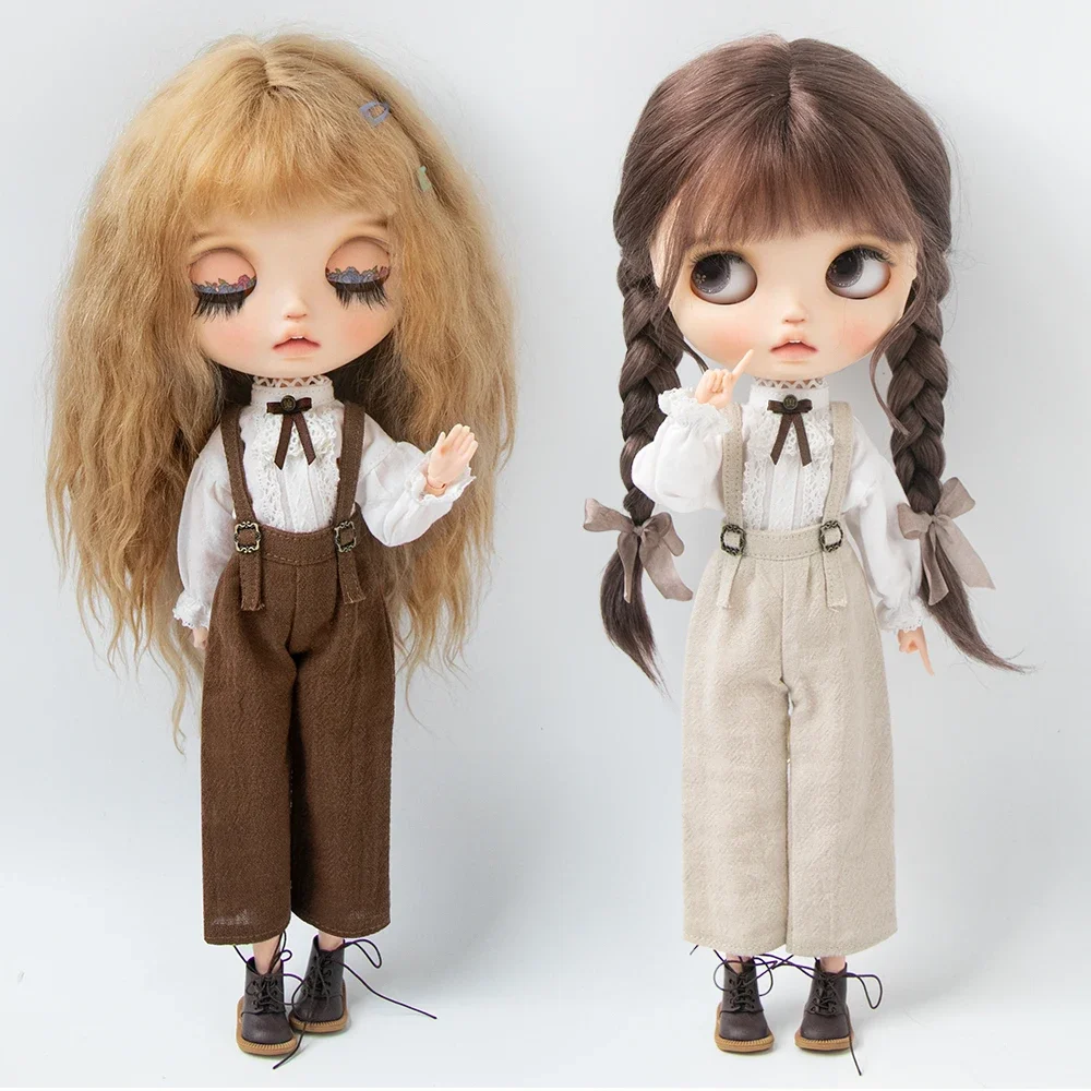 Blyth Clothes Fashion Lace Bow Long Sleeve Shirt Overalls Pants Set for Ymy Licca Azones Ob22 24 27 Ker YMY Doll Accessories