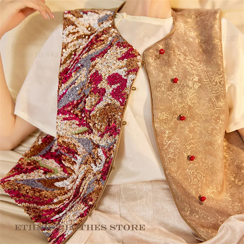 

New Chinese Style Vest Qipao Top Luxury Sequin Jacquard Traditional Chinese Costume Jacket Elegant Exquisite Cheongsam Waistcoat