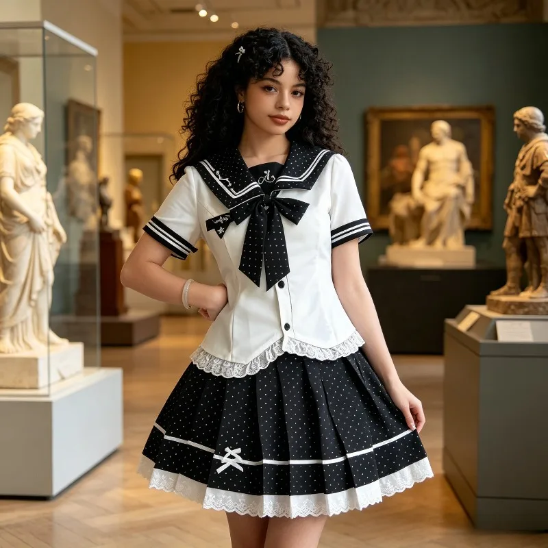 Heavy Industry Polka Dot Embroidered Sailor Suit, Classic Japanese College Style Lapel Set, Versatile Student Uniform