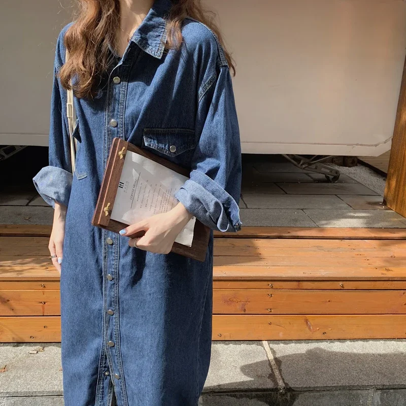 Shirt Dress Women Casual Long-sleeved Blue Denim Dress Pocket Elegant Denim Fashion Slim Denim Dress 2023 New Autumn and Winter