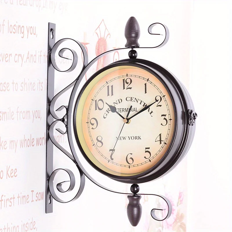 CIFEROWS Wrought Iron Antique-Look Brown Round Wall Hanging Double Sided Two Faces Retro Station Clock Round Chandelier Wall