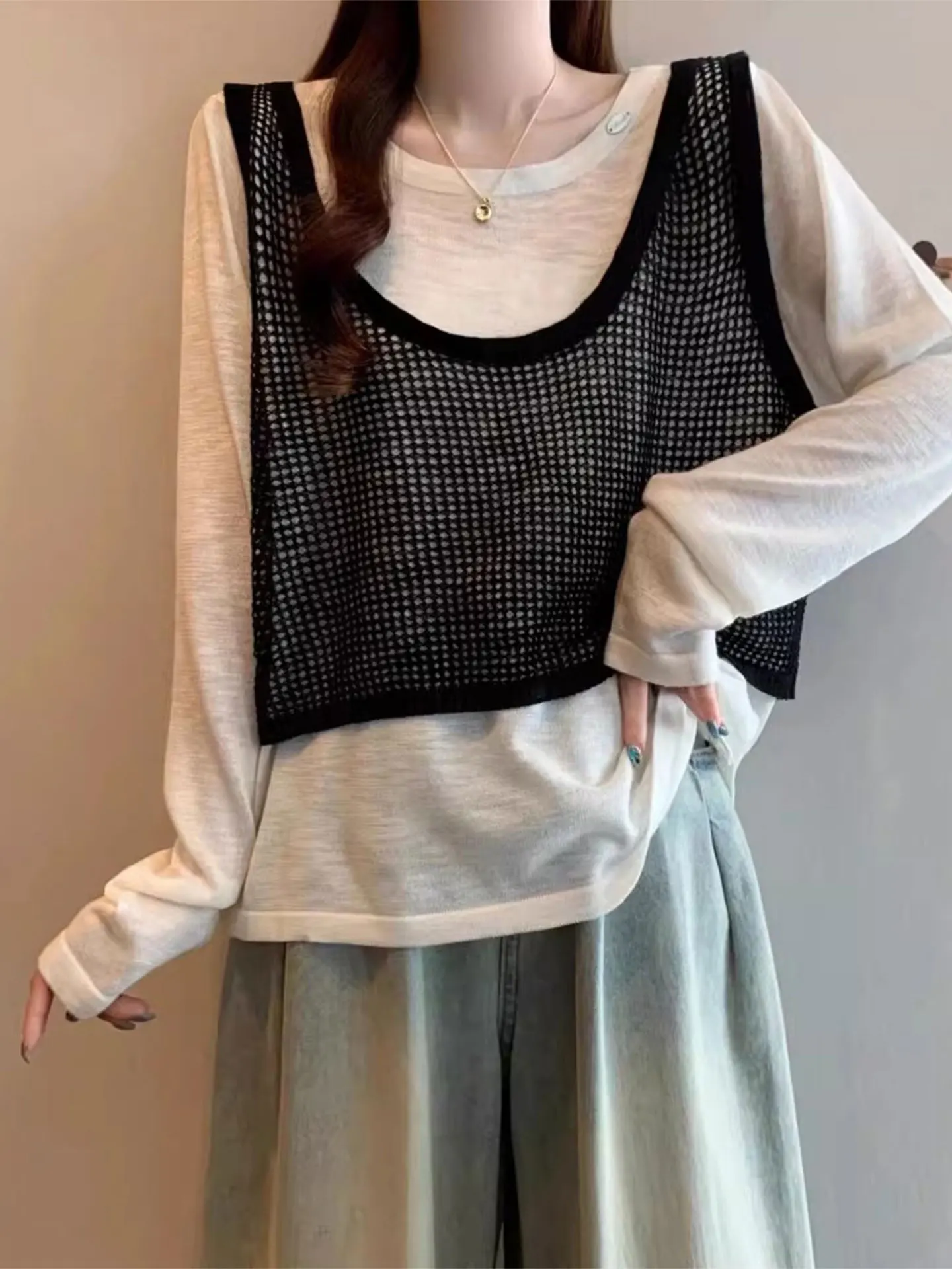 

Свободная женская футболка с длинным рукавом, весна 2026, большие размеры, красивая базовая модель в корейском стиле, универсальная, для повседневной носки