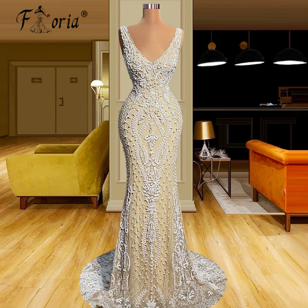 Dubai Ivory and Champagne Mermaid Evening Dresses Luxury V Neck Lace Beaded Prom Formal Dress for Women Wedding Party Gowns