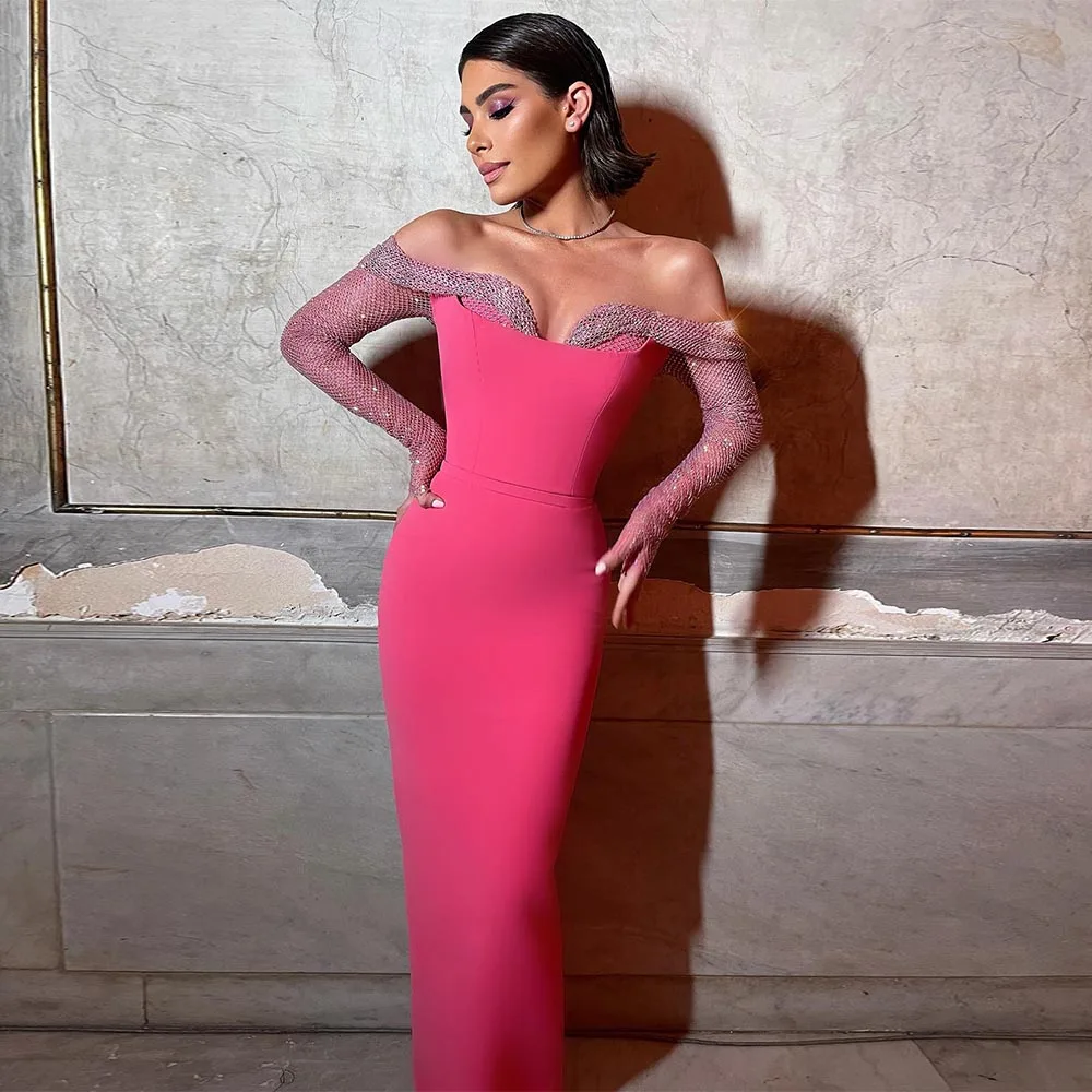 

Hot Pink Prom Dress Long Off the Shoulder Sparkly Sleeves Sheath Gown for Women 2023 Belt Sweetheart Party