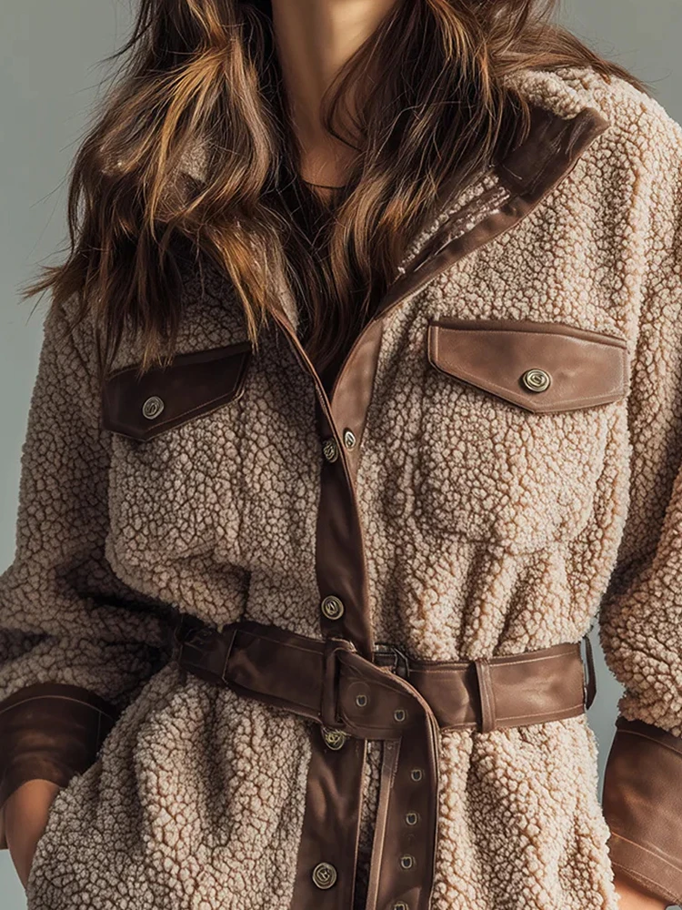 

Vintage Contrast Color Lamb Fleece Overcoat Casual Long Sleeve Lapel Women's Coat Autumn Winter New Lady Pocket Commute Outwear