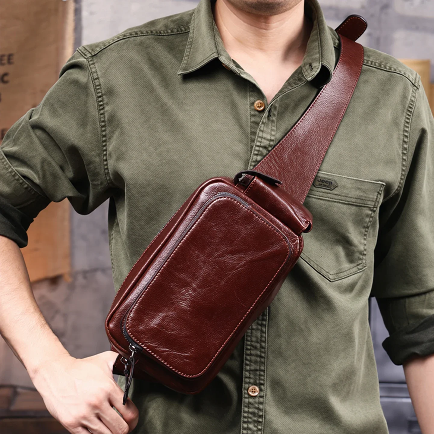 Luxury Men Top Grain Cowhide Sling Chest Bag Real Genuine Leather Waist Pack Portable Casual Small Multi-pocket Phone Holder Bag