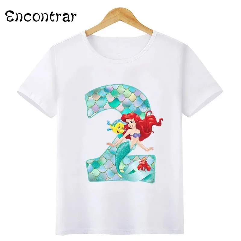 Cotton Princess Mermaid Graphic Girls Clothes Kids T Shirt Age 1 2 3 4 5 6 7 8 9 Years Birthday Number Bow Baby T-Shirts