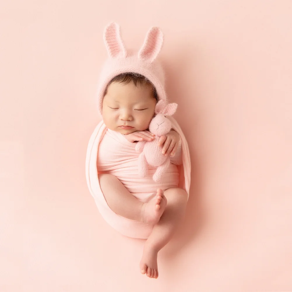 

Newborn Wraps for Photography Cotton Soft High Stretchable Wrap Pink Knitted Hat With Ears Bunny Doll Studio Baby Shooting Props