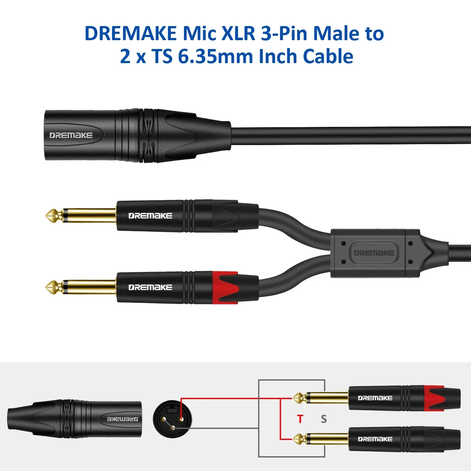 DREMAKE 3-Pin XLR Male to Dual 6.35 1/4\'\' TS Mono Mic Patch Cable XLR to Double 6.35mm Y Splitter 1/4 to XLR Audio Adapter Cord