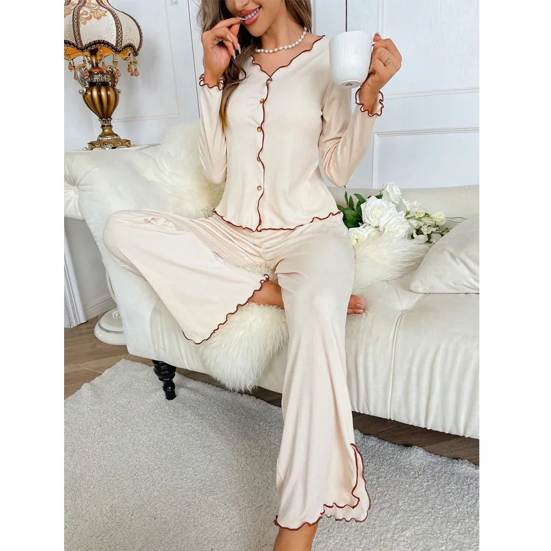 

Уютный однотонный женский пижамный комплект с оборками, топ с v-образным вырезом и пуговицами, топ и длинные брюки, мягкая осенняя одежда для сна, домашняя одежда