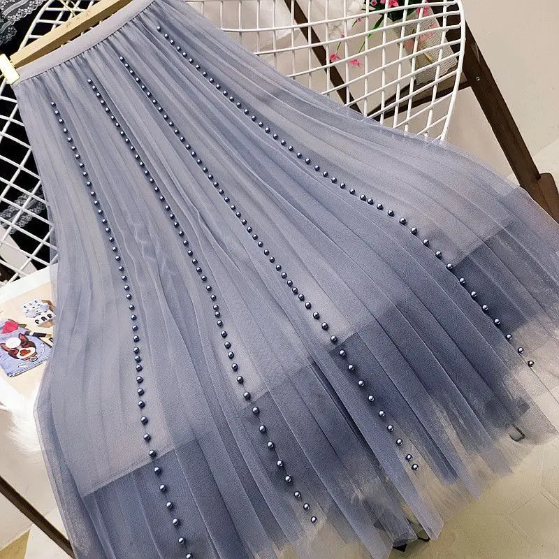 Mesh Spring Summer A-line Skirts High Waist  Maxi Skirt Women Black Pink Trend Clothes Vintage Beading Skirt