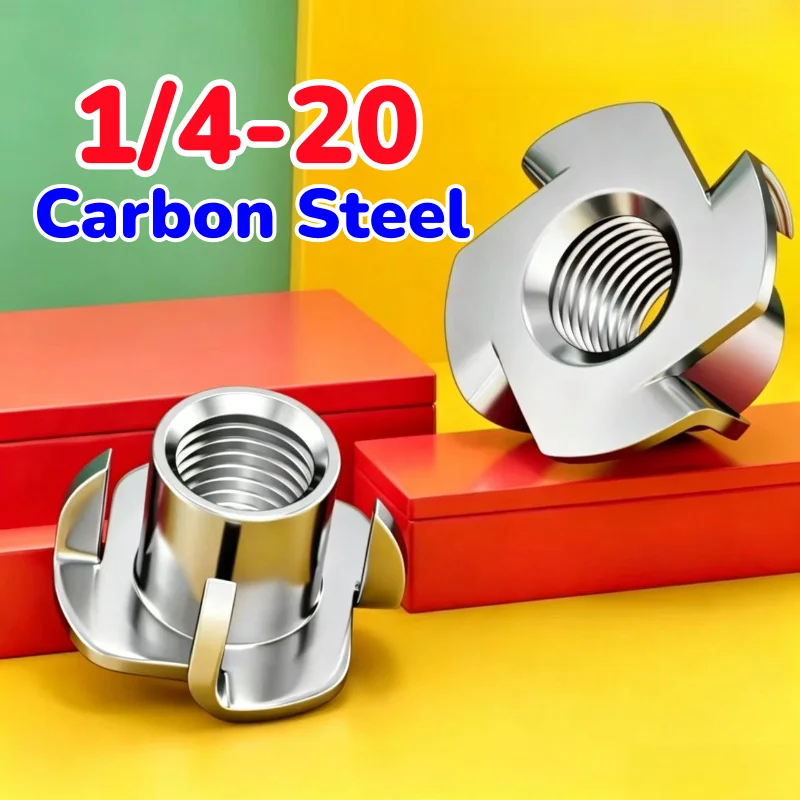 1/4-20 Carbon Steel Four Claws Nut Captive Nuts Four Prong Furniture T Nut Inserts Speaker T-nut Wood Zinc Plated Carpentry Tool