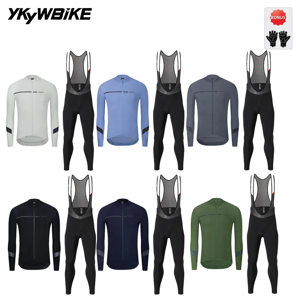 YKYWBIKE Men Winter Cycling Clothing Set 10-20°C Thermal Fleece Long Sleeve Cycling Jersey Road Bike Bib Tights Suit Padded Bib