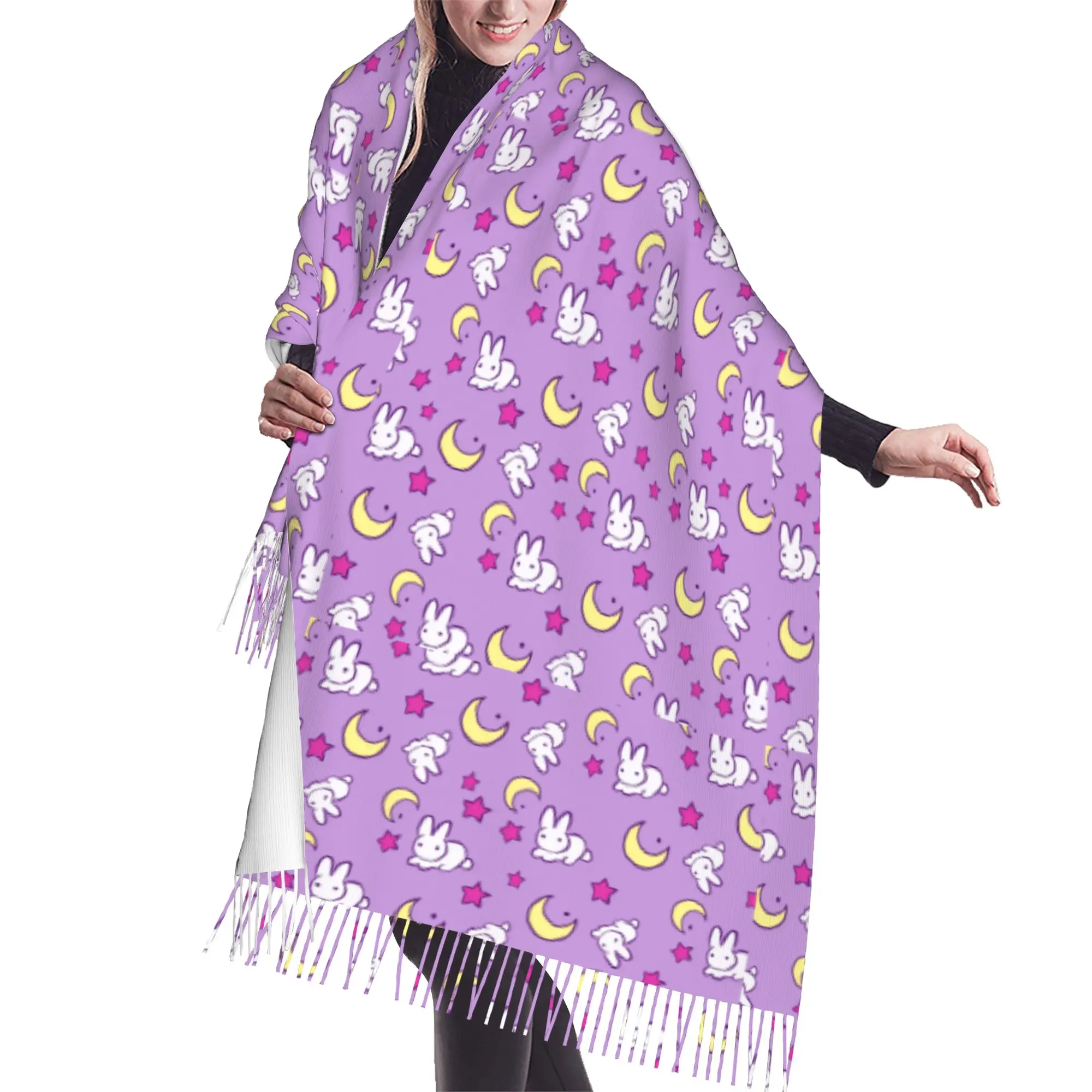 Custom Sailored Manga Anime Mooned Scarf Wrap Women Long Winter Fall Warm Tassel Shawl Unisex Usagi Tsukino Luna Scarves
