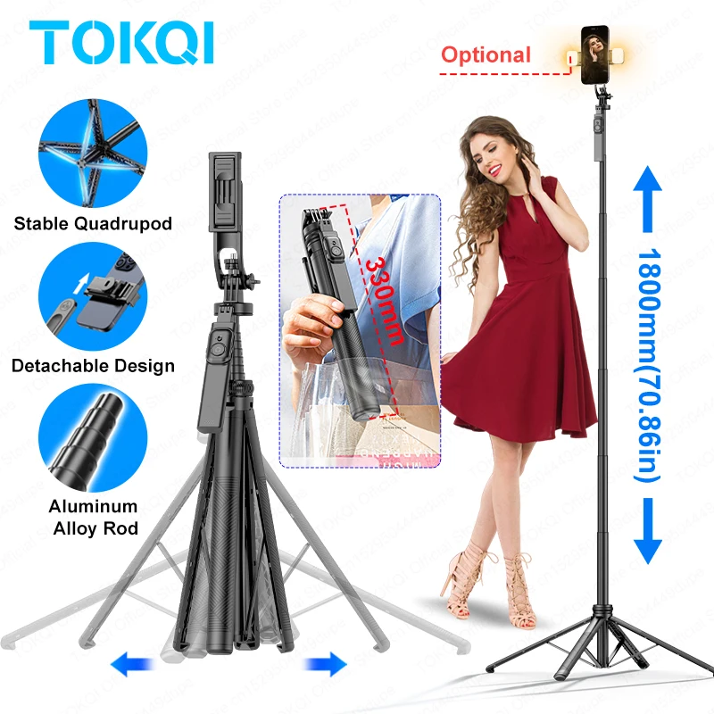 

TOKQI C18 Tripod Quadrupod Stand for Cell Phone Shoot Vlog Video 70.86" Selfie Stick with Wireless Bluetooth Remote 1/4'' Screw