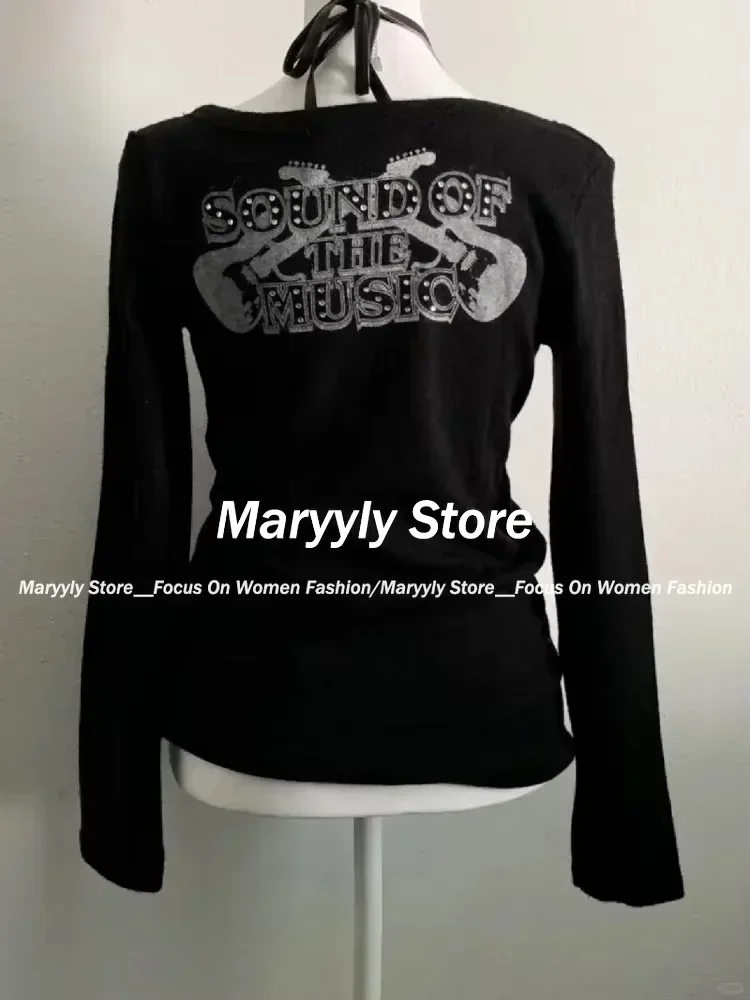 Vintage Gothic T-shirts Women Y2k Black Punk Graphic T-shirt Grunge Retro Sexy V-neck Cotton Tees Aesthetic Harajuku Tops New image 4