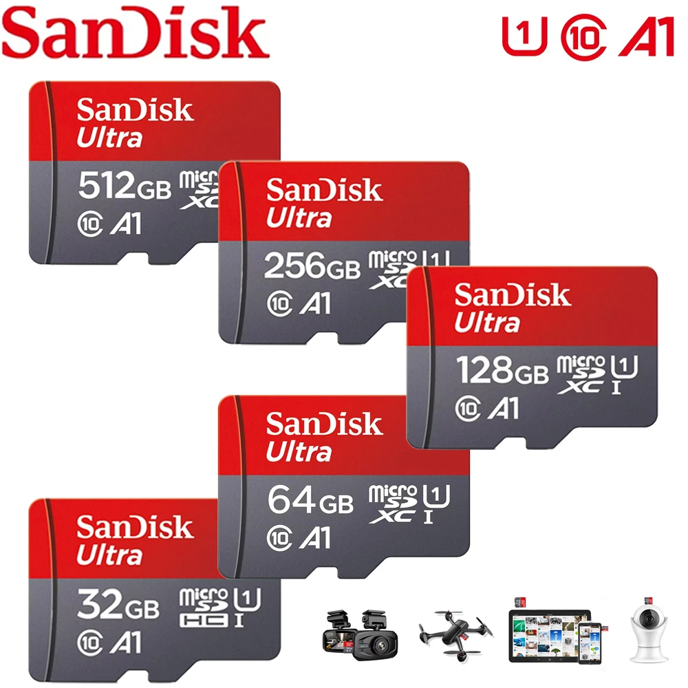 Tarjeta de Memoria SanDisk A1 MicroSDHC MicroSDXC UHS-I U1 Clase 10 TF de 32 GB, 64 GB, 128 GB, 256 GB, 512 GB de Alta Velocidad