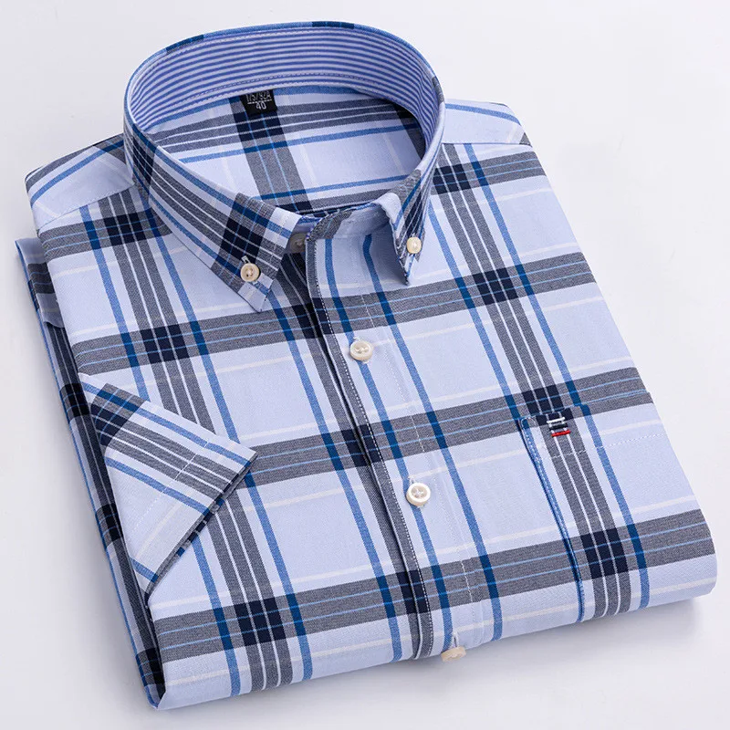 2023 Summer New Men's Short Sleeve Square Neck Plaid Stripe All Cotton Oxford Textile Business Casual Single Pocket Shirt S~7XL