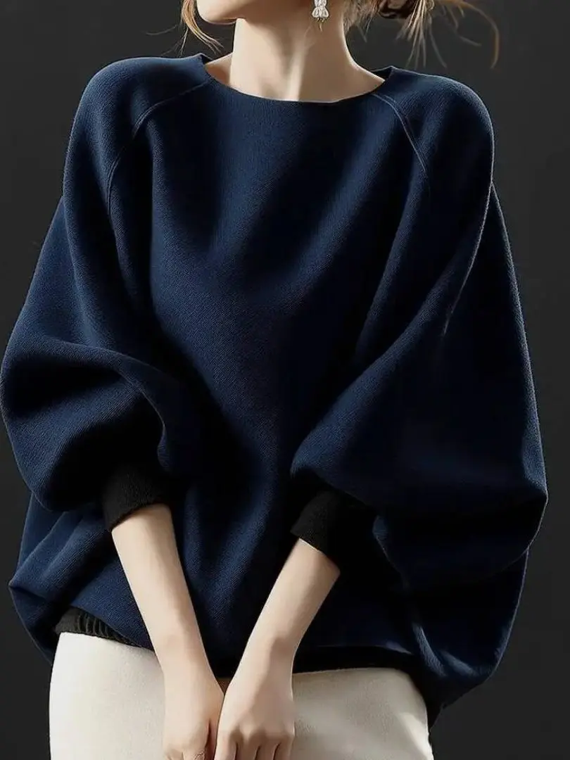 Slimming Effect Loose Fit round Neck Long Sleeve Short Top Women's T-Shirt City Walk Clean Fit Style Cotton Batwing Sleeve
