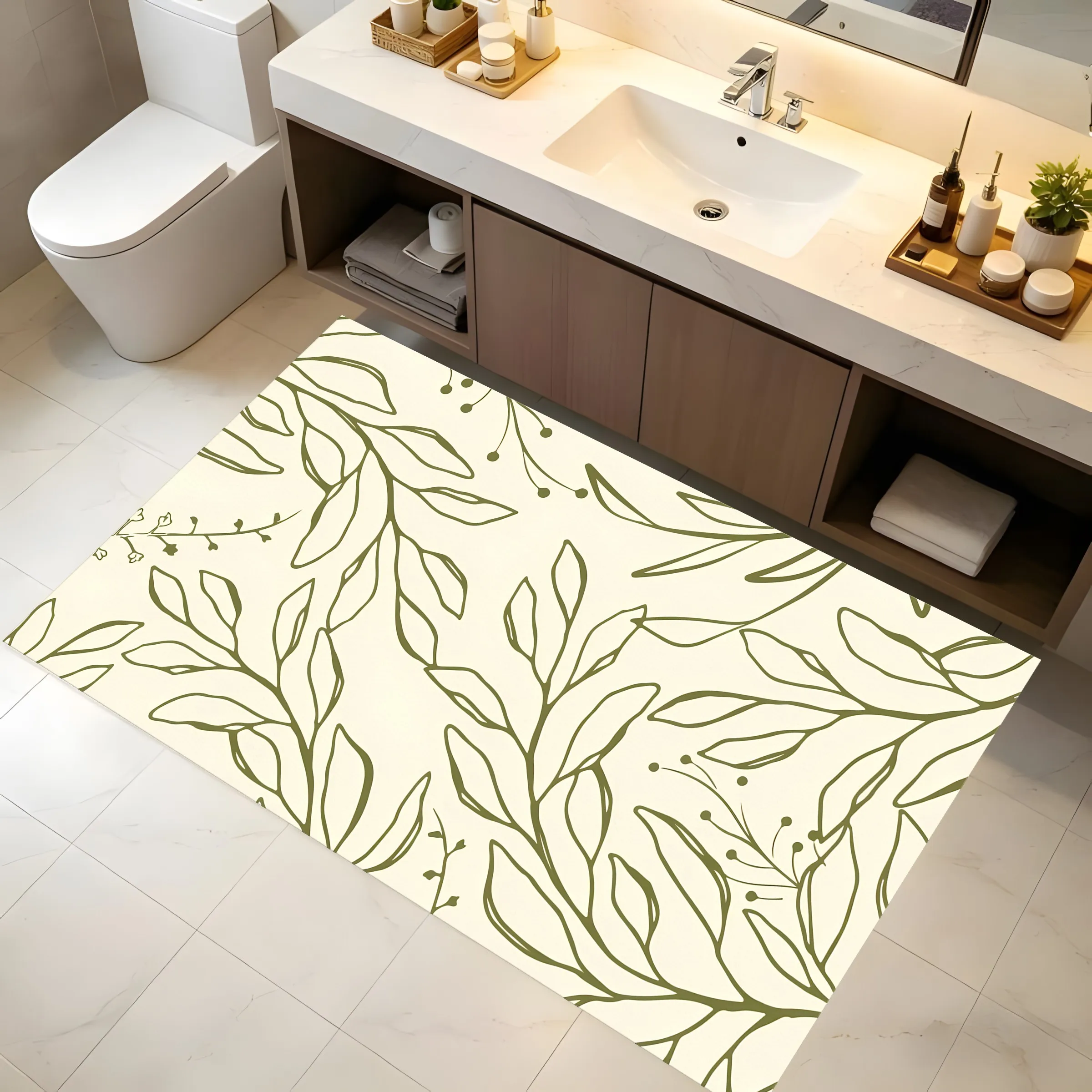 2D Large Rug, Hand-Painted Branch & Leaf Line Drawing, Fresh Natural Style, Living Room & Bedroom