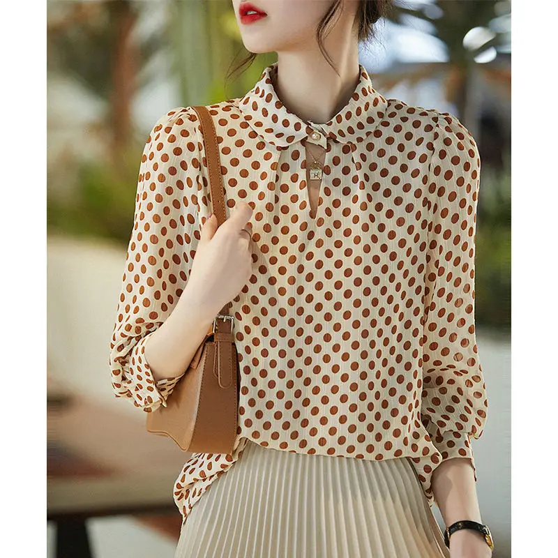 Spring Autumn New Stand Collar Long Sleeve Blouse Women High Street Polka Dot Printing Button Pullovers Elegant All-match Tops