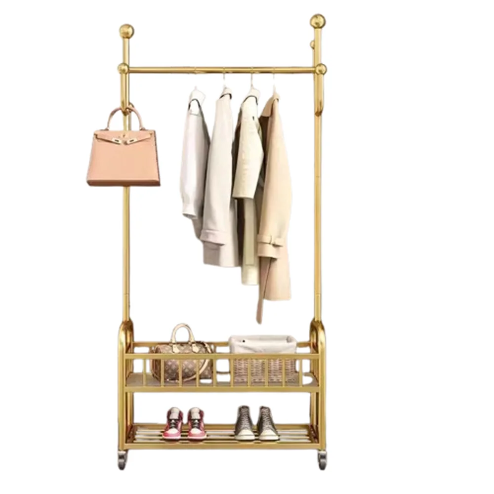 Stylish Balcony Bedroom Clothes Rack Space Saving Golden Robust Metal Frame With Wheels Perfect For Kids Room Home Accessories
