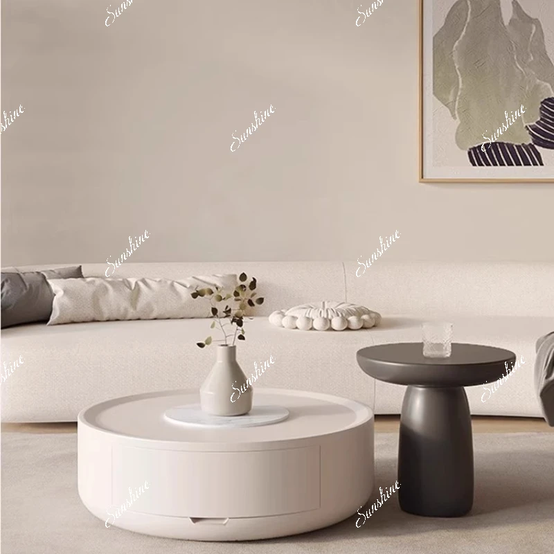 

Cream wind size round coffee table combination TV cabinet living room household small apartment