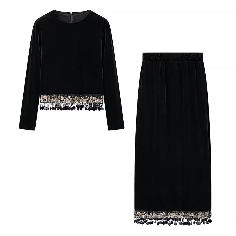 

Осень-зима Бархатный комплект из двух предметов для женщин с круглым вырезом и длинными рукавами с блестками и кисточками + велюровая разделенная облегающая юбка-миди Комплект из двух предметов